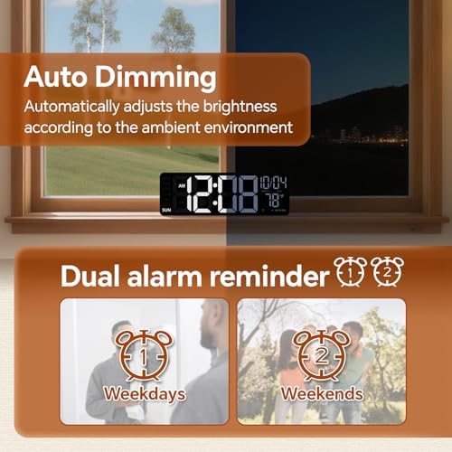 digital wall clock with dual alarms countdown timer temperature date and weekday display