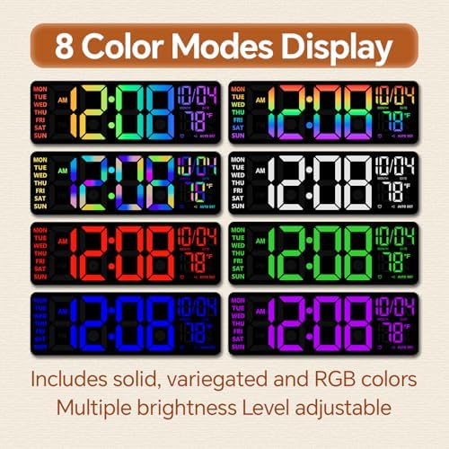 RGB digital wall clock with 8 color display modes for gaming room decor