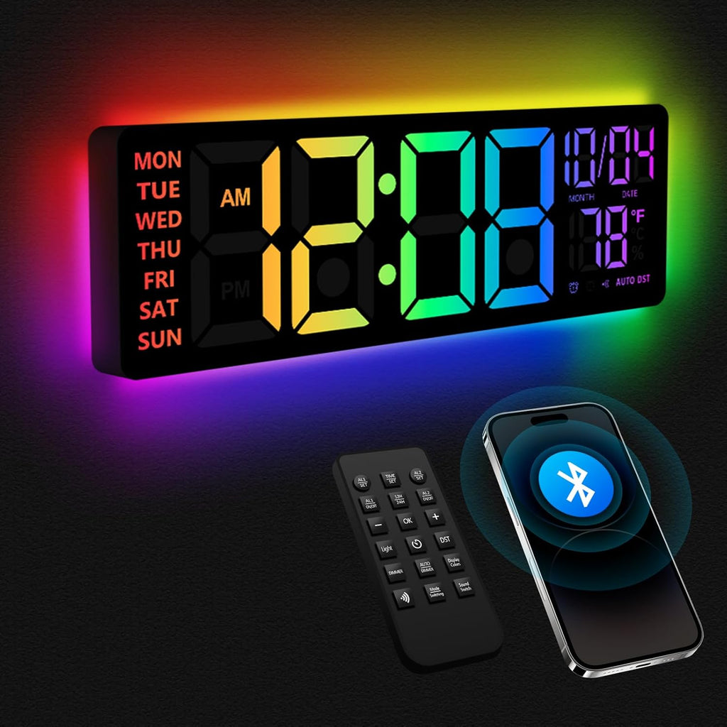 16 inch RGB LED digital wall clock with remote and Bluetooth time sync
