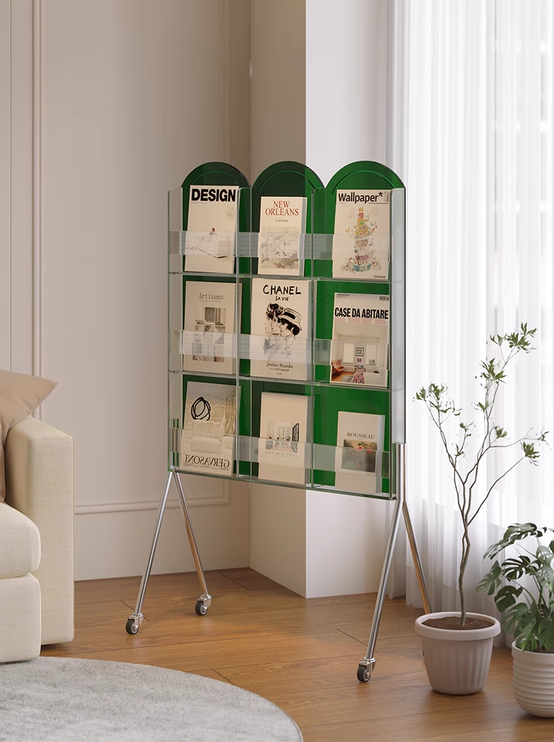 YISILE Biyi Luxury Acrylic Mobile Bookshelf | Matrix Rolling Magazine Cart