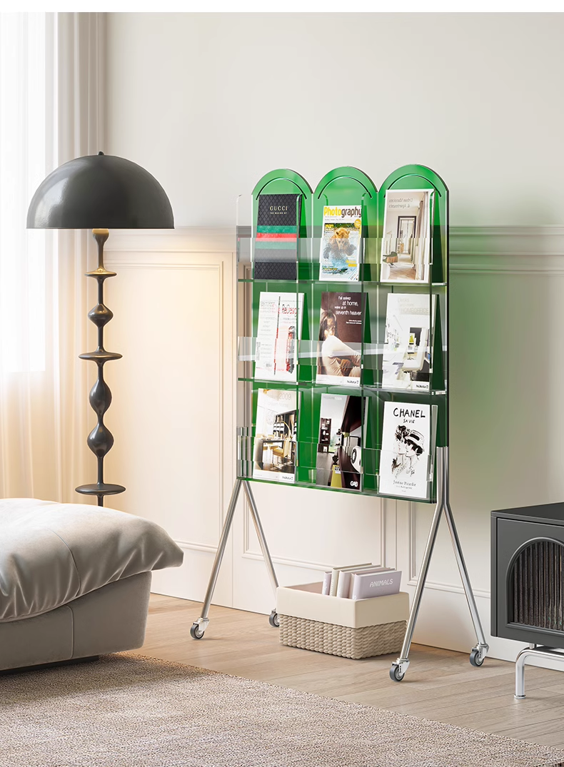 YISILE Biyi Luxury Acrylic Mobile Bookshelf | Matrix Rolling Magazine Cart