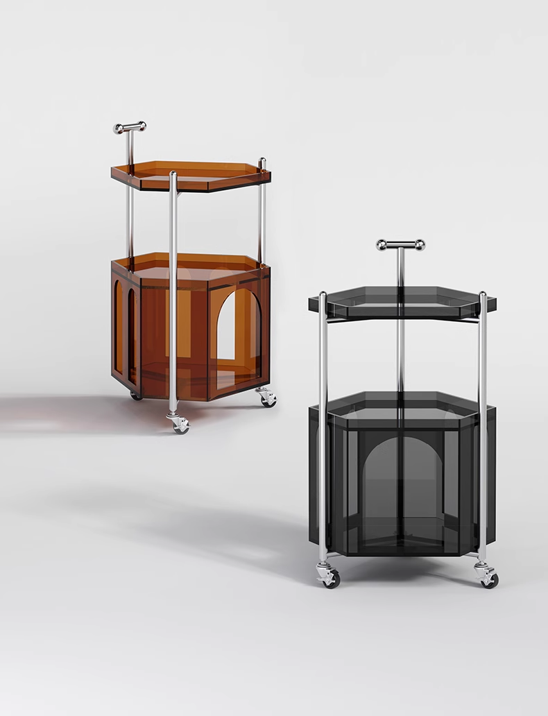 YISILE Monica Luxury Acrylic Cart Side Table | Vintage Hexagonal Rolling Tier