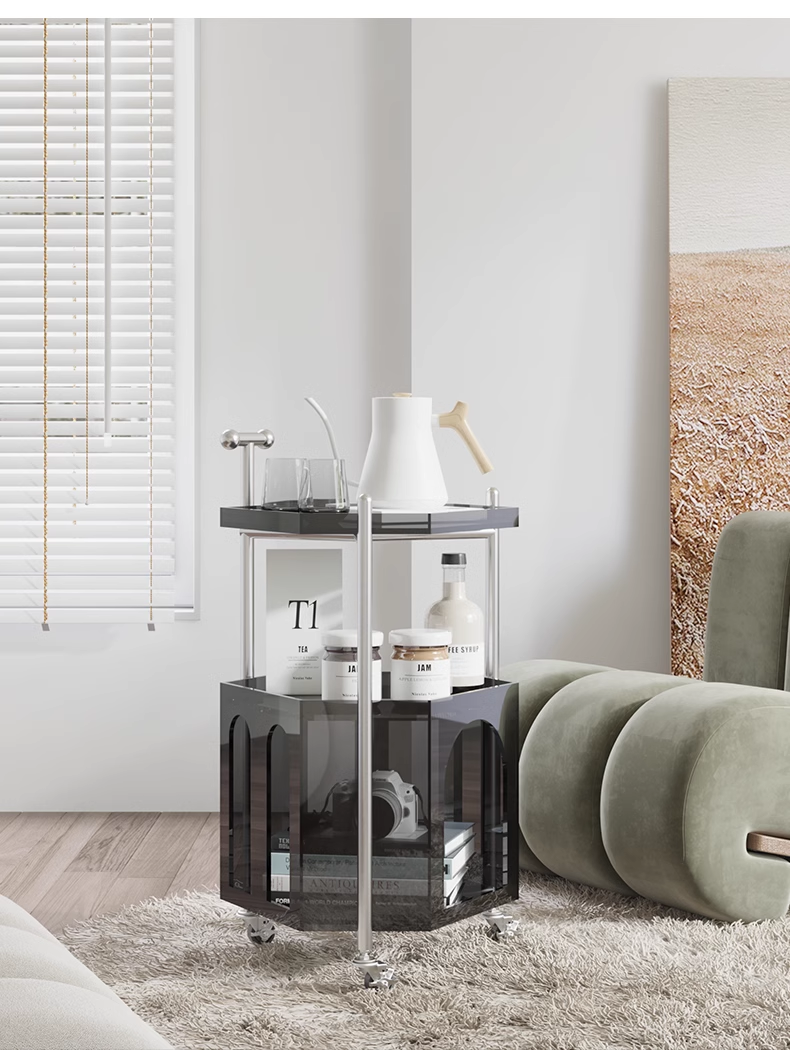 YISILE Monica Luxury Acrylic Cart Side Table | Vintage Hexagonal Rolling Tier