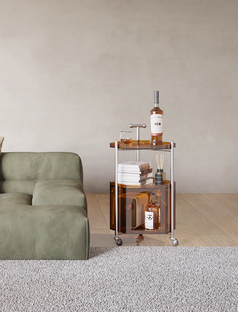 YISILE Monica Luxury Acrylic Cart Side Table | Vintage Hexagonal Rolling Tier