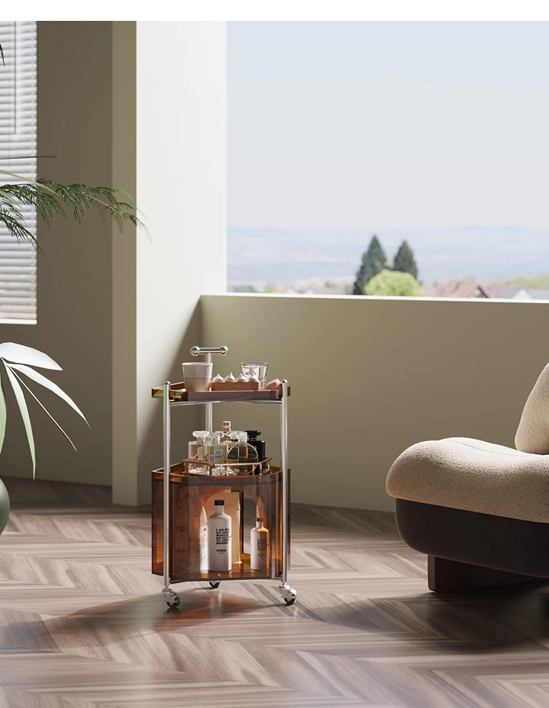 YISILE Monica Luxury Acrylic Cart Side Table | Vintage Hexagonal Rolling Tier