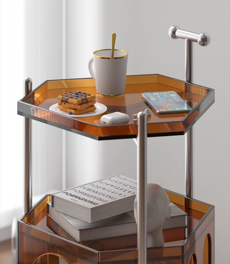 YISILE Monica Luxury Acrylic Cart Side Table | Vintage Hexagonal Rolling Tier