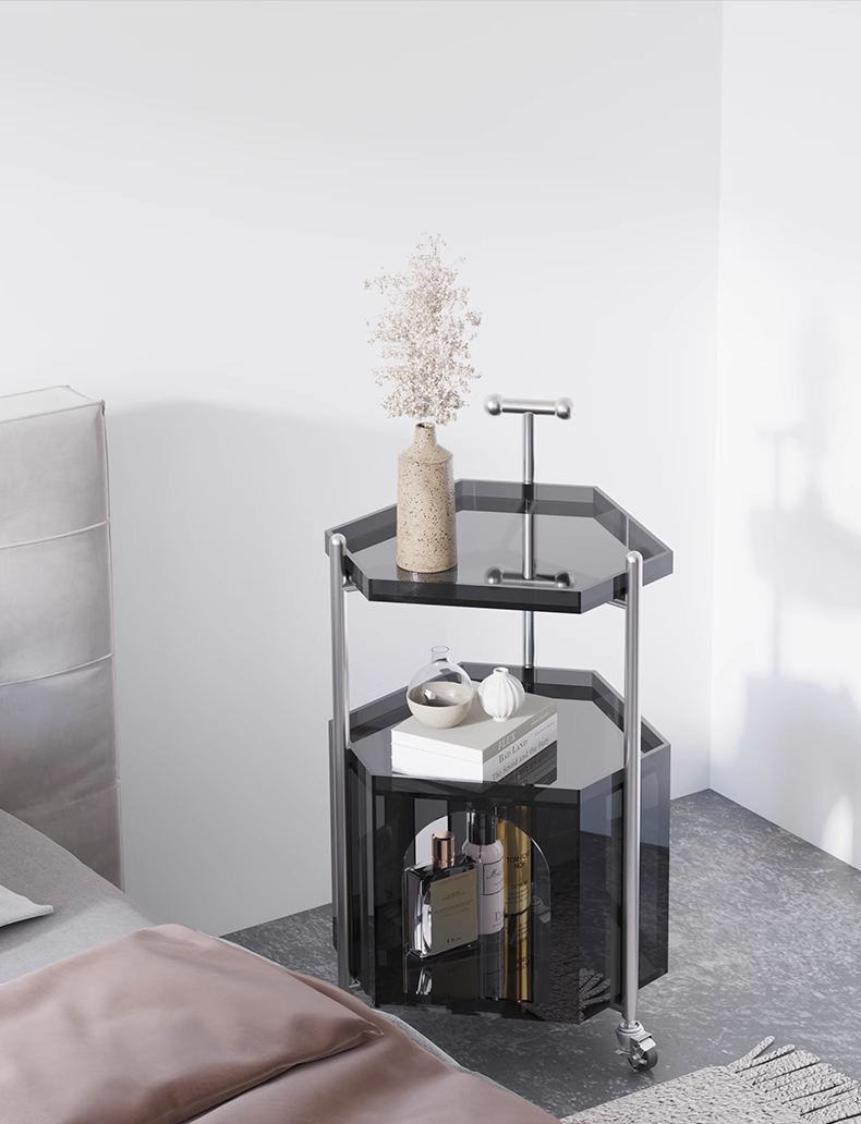 YISILE Monica Luxury Acrylic Cart Side Table | Vintage Hexagonal Rolling Tier